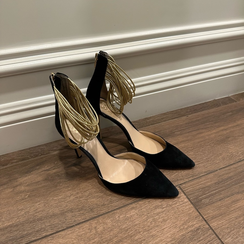 Vince Camuto Heel Pump Black Suede with Gold Ankle Straps SZ 12